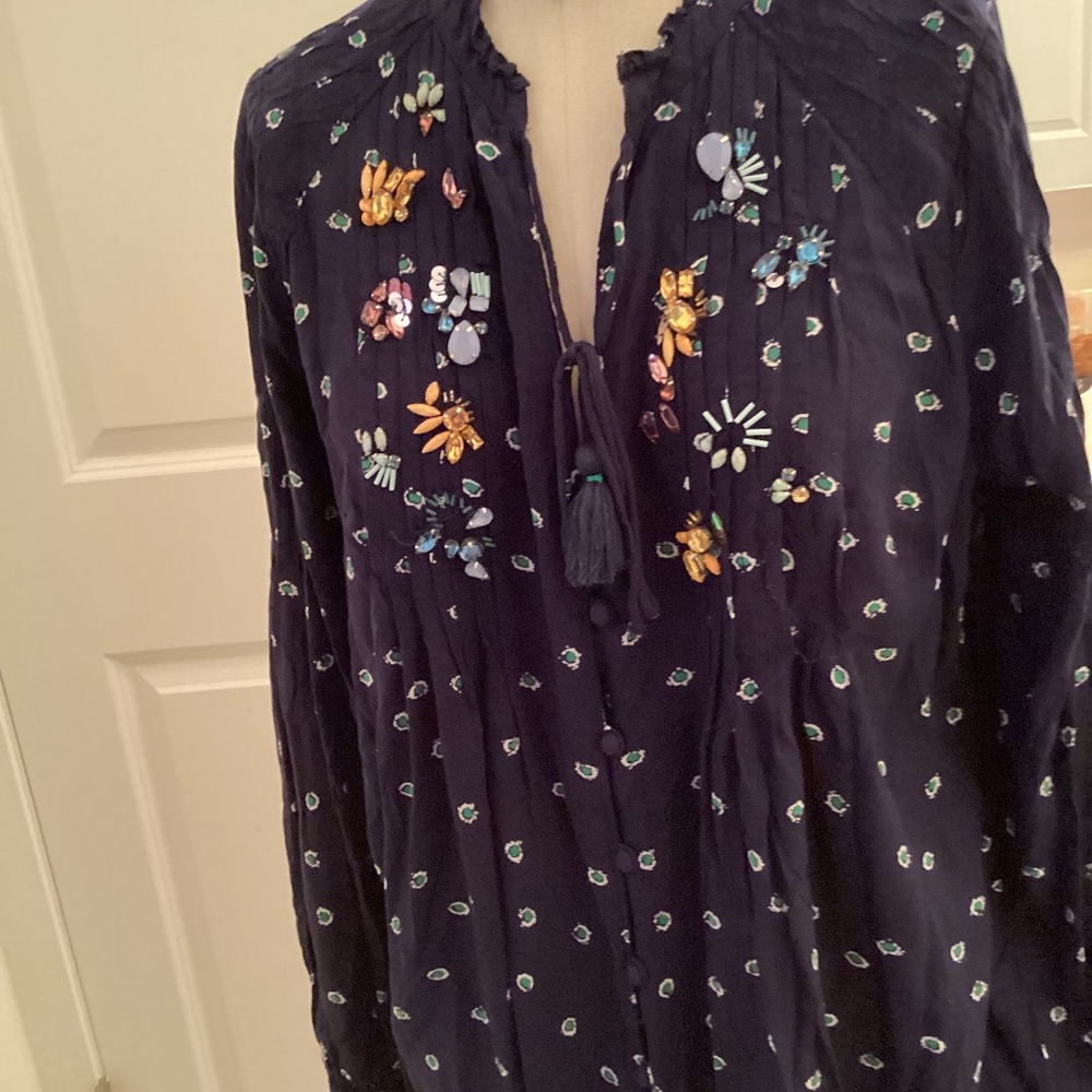 Vanessa Virginia Anthro Blue Long Sleeve Floral Jeweled Top Blouse